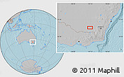 Gray Location Map of the area around 35° 6' 5" S, 147° 7' 30" E, hill shading