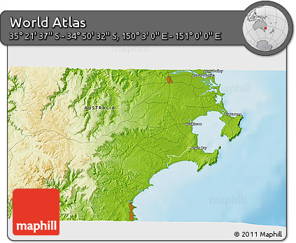 Physical 3D Map of the Area around 35° 6' 5" S, 150° 31' 30" E