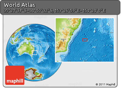 Physical Location Map of the Area around 35° 6' 5" S, 153° 55' 30" E