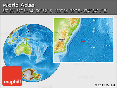 Physical Location Map of the Area around 35° 6' 5" S, 153° 55' 30" E