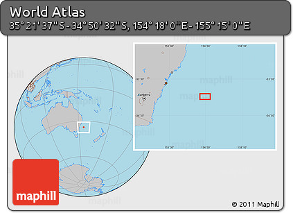 Gray Location Map of the Area around 35° 6' 5" S, 154° 46' 30" E
