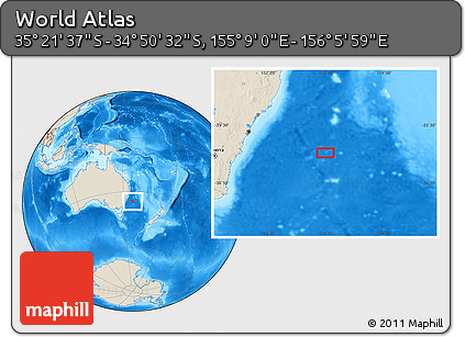 Shaded Relief Location Map of the Area around 35° 6' 5" S, 155° 37' 30" E