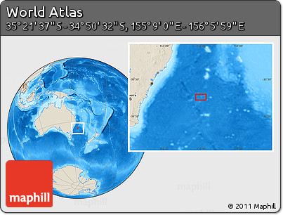 Shaded Relief Location Map of the Area around 35° 6' 5" S, 155° 37' 30" E