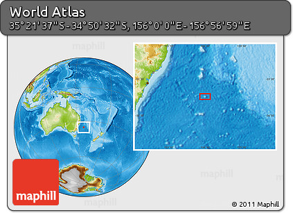 Physical Location Map of the Area around 35° 6' 5" S, 156° 28' 29" E