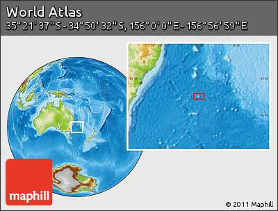 Physical Location Map of the Area around 35° 6' 5" S, 156° 28' 29" E