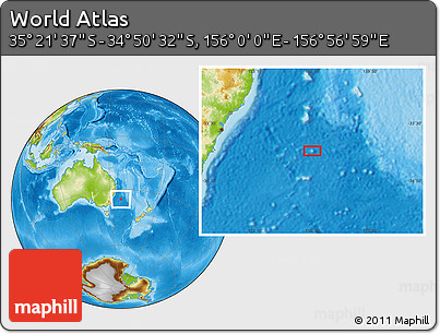 Physical Location Map of the Area around 35° 6' 5" S, 156° 28' 29" E