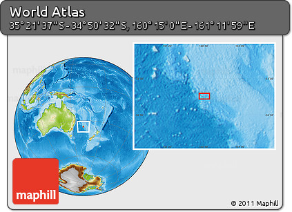 Physical Location Map of the Area around 35° 6' 5" S, 160° 43' 29" E