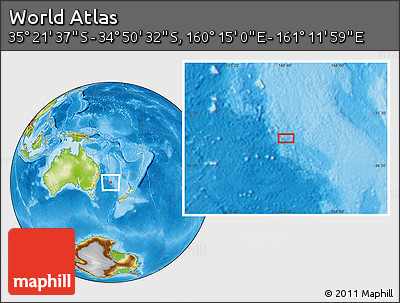 Physical Location Map of the Area around 35° 6' 5" S, 160° 43' 29" E