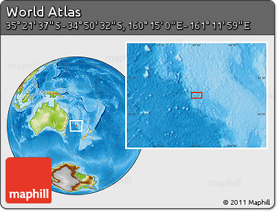 Physical Location Map of the Area around 35° 6' 5" S, 160° 43' 29" E