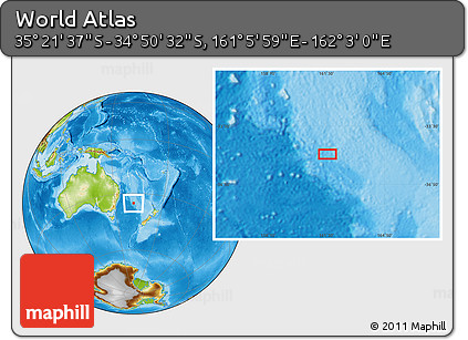 Physical Location Map of the Area around 35° 6' 5" S, 161° 34' 29" E