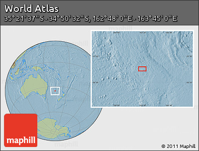 Savanna Style Location Map of the Area around 35° 6' 5" S, 163° 16' 30" E, hill shading