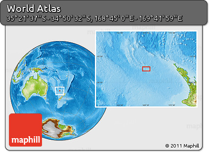 Physical Location Map of the Area around 35° 6' 5" S, 169° 13' 29" E