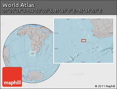 Gray Location Map of the Area around 35° 6' 5" S, 16° 13' 30" E, hill shading