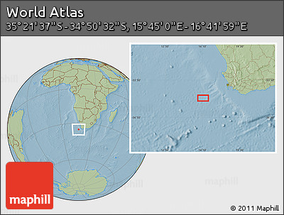 Savanna Style Location Map of the Area around 35° 6' 5" S, 16° 13' 30" E, hill shading