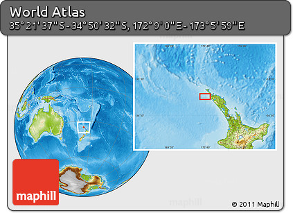 Physical Location Map of the Area around 35° 6' 5" S, 172° 37' 30" E
