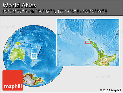Physical Location Map of the Area around 35° 6' 5" S, 172° 37' 30" E