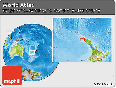 Physical Location Map of the Area around 35° 6' 5" S, 172° 37' 30" E