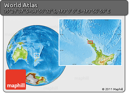 Physical Location Map of the Area around 35° 6' 5" S, 173° 28' 29" E