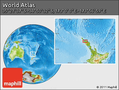 Physical Location Map of the Area around 35° 6' 5" S, 173° 28' 29" E