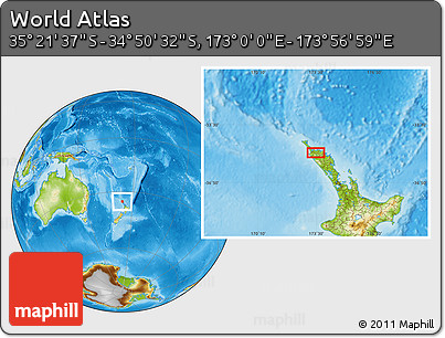 Physical Location Map of the Area around 35° 6' 5" S, 173° 28' 29" E