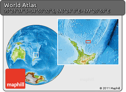 Physical Location Map of the Area around 35° 6' 5" S, 176° 52' 30" E
