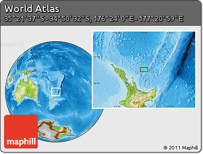 Physical Location Map of the Area around 35° 6' 5" S, 176° 52' 30" E