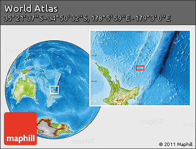 Physical Location Map of the Area around 35° 6' 5" S, 178° 34' 29" E