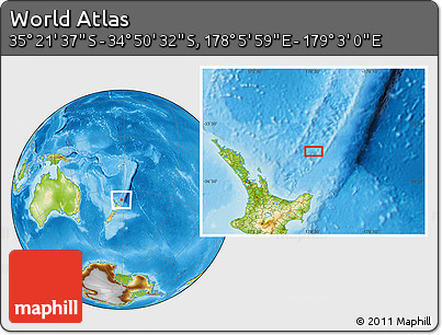 Physical Location Map of the Area around 35° 6' 5" S, 178° 34' 29" E
