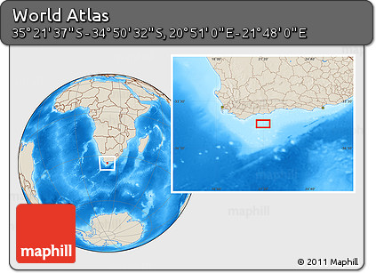Shaded Relief Location Map of the Area around 35° 6' 5" S, 21° 19' 30" E