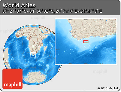 Shaded Relief Location Map of the Area around 35° 6' 5" S, 21° 19' 30" E