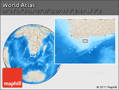 Shaded Relief Location Map of the Area around 35° 6' 5" S, 21° 19' 30" E