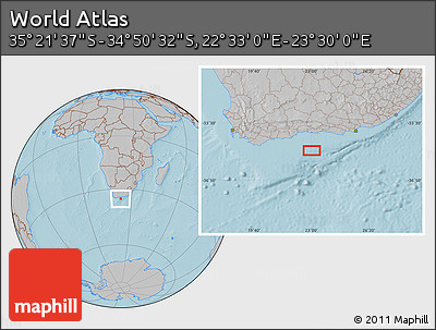 Gray Location Map of the Area around 35° 6' 5" S, 23° 1' 29" E, hill shading