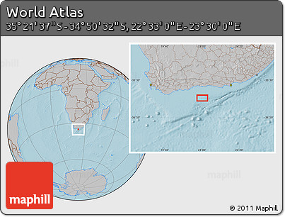 Gray Location Map of the Area around 35° 6' 5" S, 23° 1' 29" E, hill shading