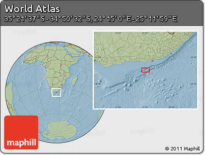 Savanna Style Location Map of the Area around 35° 6' 5" S, 24° 43' 30" E, hill shading