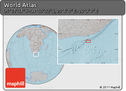 Gray Location Map of the Area around 35° 6' 5" S, 25° 34' 30" E, hill shading