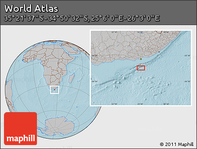Gray Location Map of the Area around 35° 6' 5" S, 25° 34' 30" E, hill shading