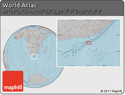 Gray Location Map of the Area around 35° 6' 5" S, 25° 34' 30" E, hill shading