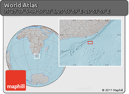 Gray Location Map of the Area around 35° 6' 5" S, 26° 25' 29" E, hill shading