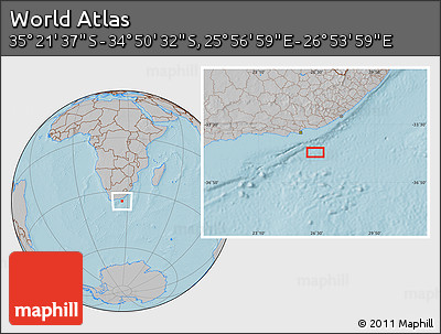Gray Location Map of the Area around 35° 6' 5" S, 26° 25' 29" E, hill shading