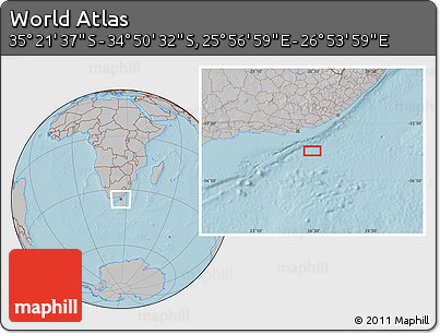 Gray Location Map of the Area around 35° 6' 5" S, 26° 25' 29" E, hill shading