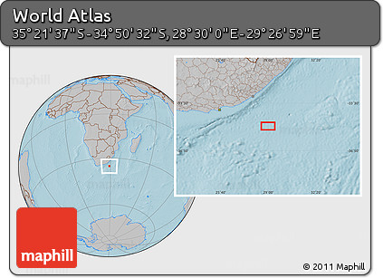 Gray Location Map of the Area around 35° 6' 5" S, 28° 58' 30" E, hill shading