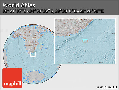 Gray Location Map of the Area around 35° 6' 5" S, 28° 58' 30" E, hill shading