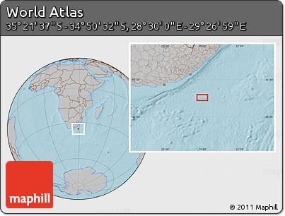 Gray Location Map of the Area around 35° 6' 5" S, 28° 58' 30" E, hill shading