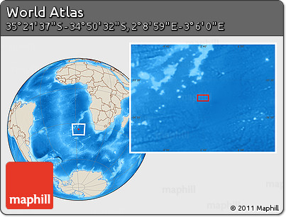 Shaded Relief Location Map of the Area around 35° 6' 5" S, 2° 37' 30" E