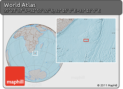 Gray Location Map of the Area around 35° 6' 5" S, 33° 13' 30" E, hill shading