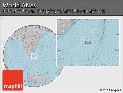 Gray Location Map of the Area around 35° 6' 5" S, 33° 13' 30" E, hill shading