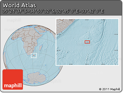 Gray Location Map of the Area around 35° 6' 5" S, 33° 13' 30" E, hill shading