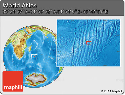 Physical Location Map of the Area around 35° 6' 5" S, 55° 19' 30" E