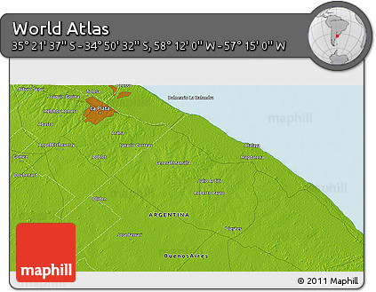 Physical 3D Map of the Area around 35° 6' 5" S, 57° 43' 30" W