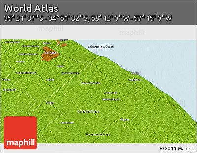 Physical 3D Map of the Area around 35° 6' 5" S, 57° 43' 30" W
